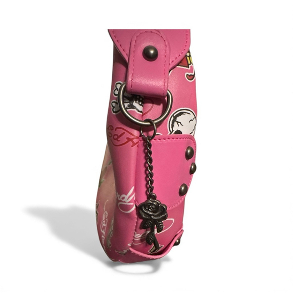 Ed Hardy Candy Pink Skulls Hearts & Roses Small Studded Hobo Shoulder bag charms - Picture 4 of 10